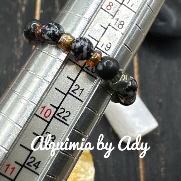 Snowflake obsidian beaded bohemian ring band - Picture 2 of 2